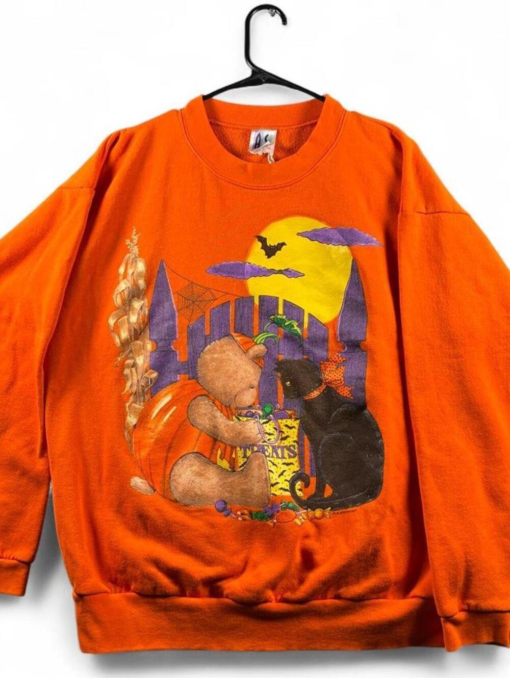 Vintage 90s Orange Halloween Crewneck Sweatshirt with Bear and Black Cat Graphic